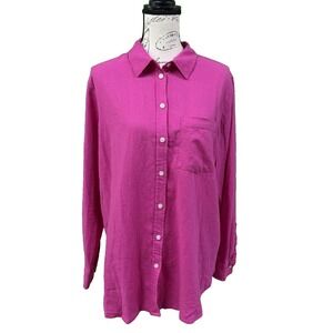 GAP Button Front Shirt LARGE Bright Pink Collar Long Sl Pocket Linen Rayon Blend